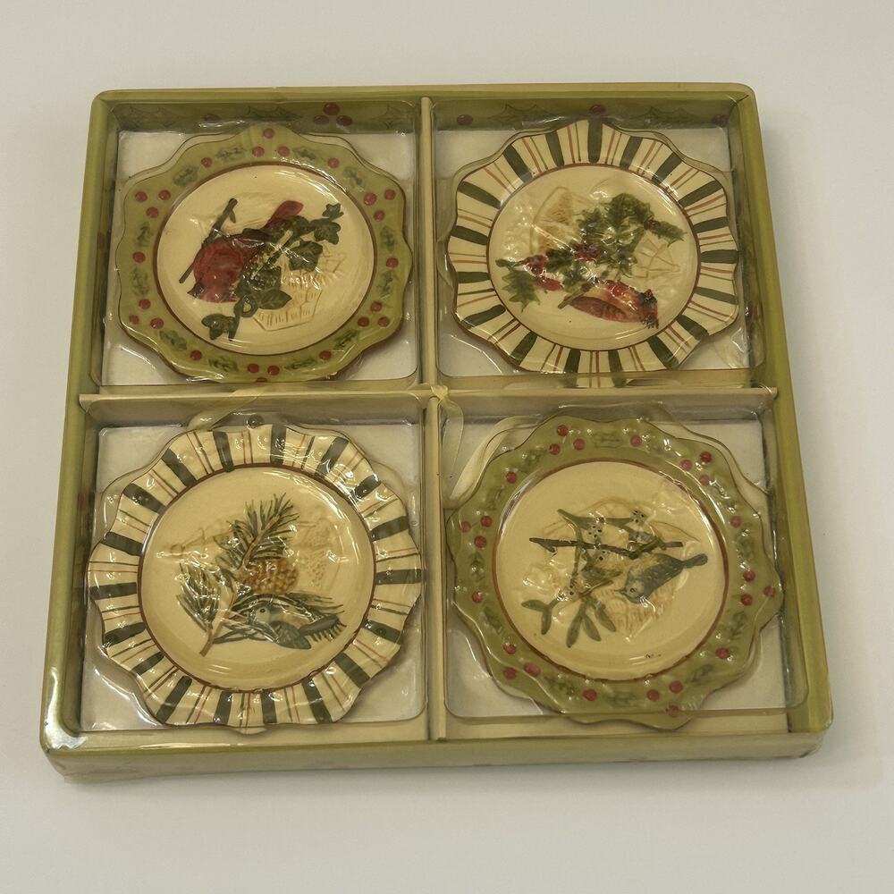 MWW Market Winter Songbird 4 Mini Plate Hanging Ceramic Ornaments Boxed